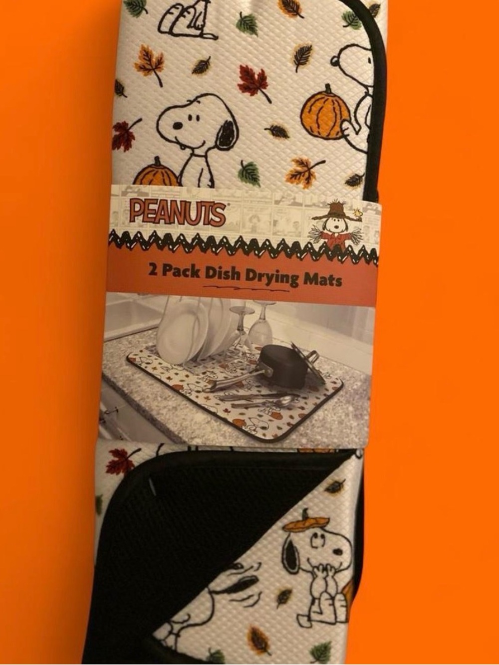 Peanuts Autumn Snoopy 2 Pack Dish Drying Mat Set in White, Black, Orange